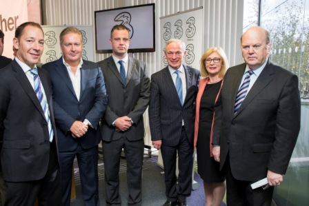 28th September 2015: Ministers Michael Noonan TD, Jan O’Sullivan TD and Richard Bruton TD pictured with Robert Finnegan, CEO of Three (second left), Ashley Cook, Director of CRM (on left) and Dr James King, CEO of Limerick Chamber during their visit to Three’s contact centre in Limerick. Three has completed the transition of all customer care calls from Mumbai to Ireland. This transition has resulted in the filling of 100 roles in its contact centre in Limerick which now employs 450 people. Pic. Keith Arkins Photography No Repro Fee